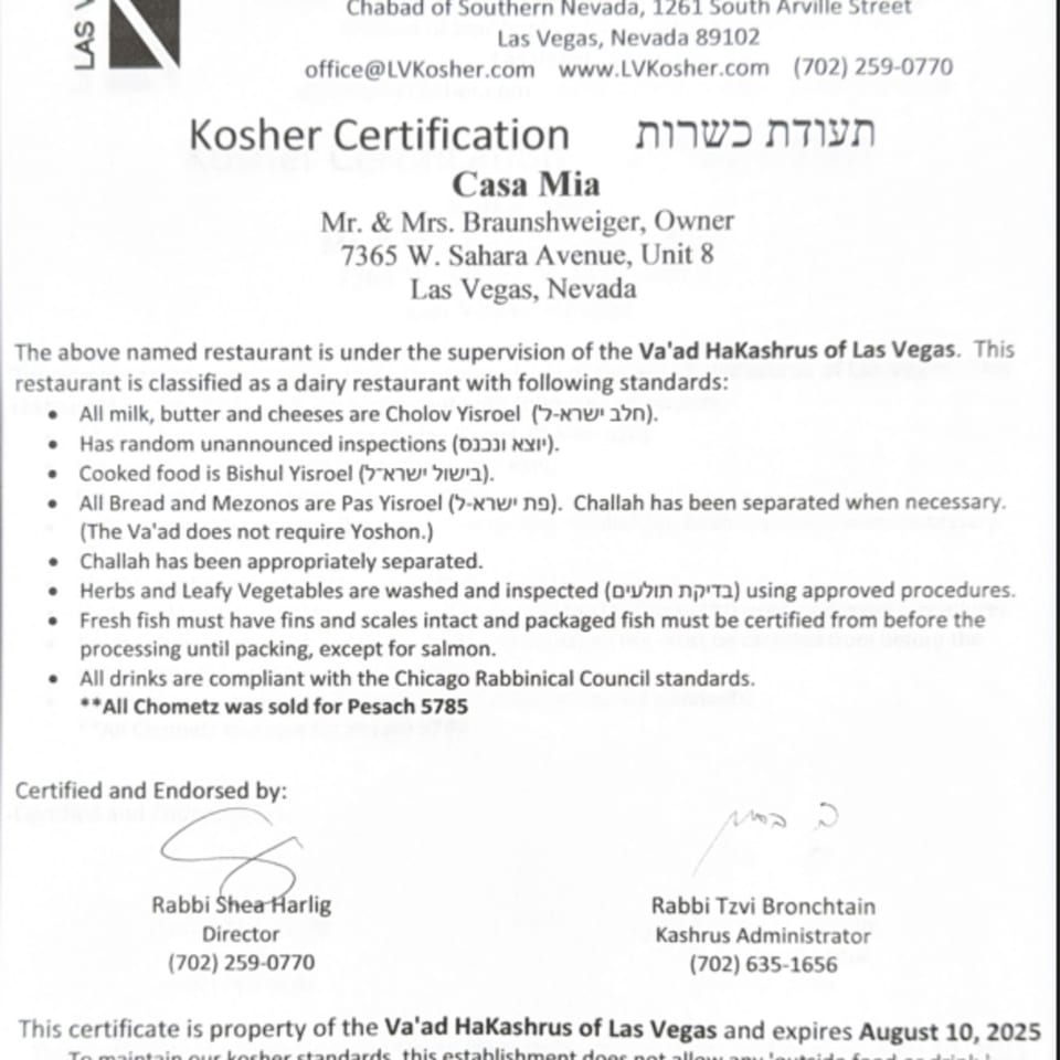 Casa Mia's Kosher Certification document from Va'ad HaKashrus of Las Vegas, signed by two rabbis.