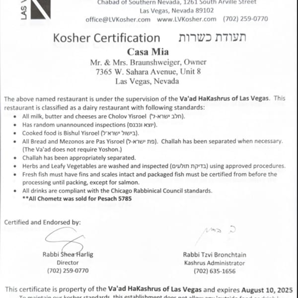 Casa Mia's Kosher Certification document from Va'ad HaKashrus of Las Vegas, signed by two rabbis.